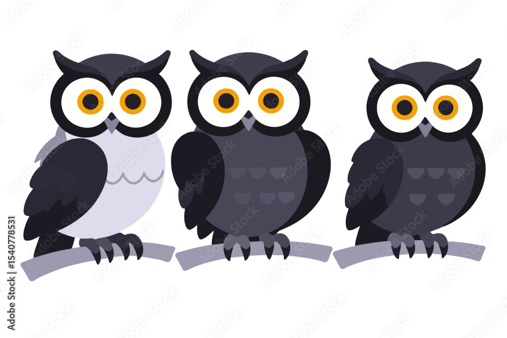 Fototapeta premium Three Owls on a Branch Illustration - Cute Owl Vector Graphic - Cartoon Owls with Yellow Eyes - Owl Clip Art for Kids - Simple Owl Design