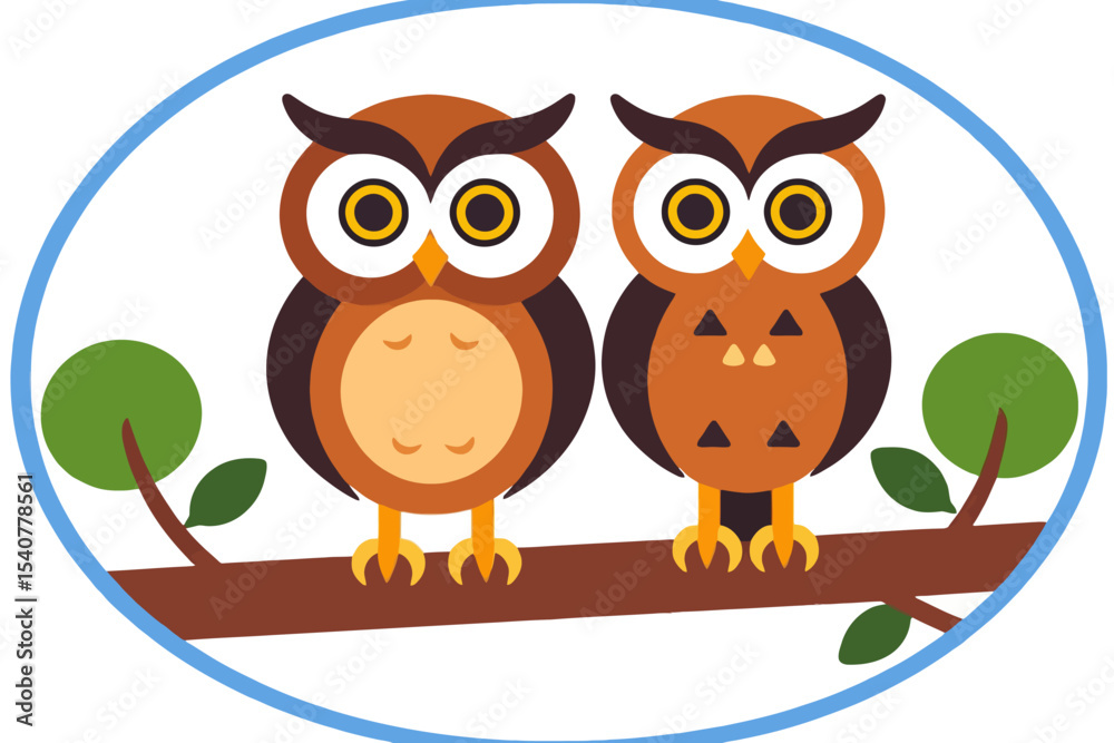 Fototapeta premium Two Cute Cartoon Owls Perched on a Branch - Owl Illustration for Kids - Whimsical Owl Art for Children - Nature Inspired Owl Design