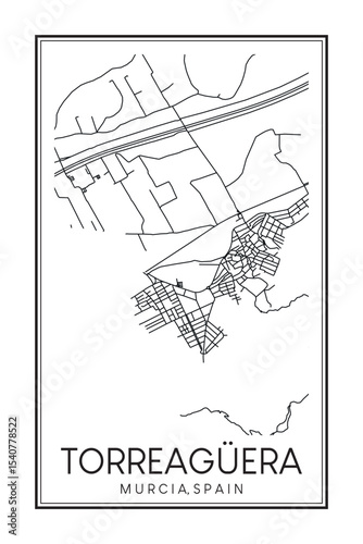 Hand drawn printable downtown road map poster of district TORREAGÜERA of the Spanish city of MURCIA on solid white background with city name