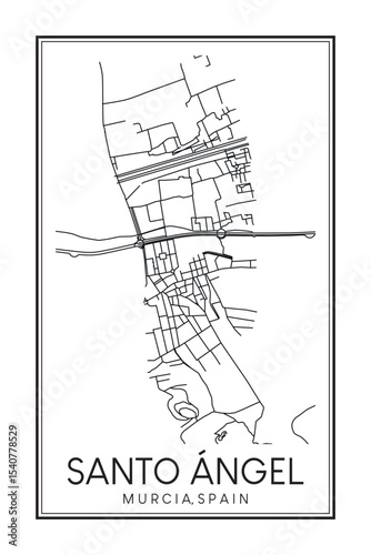 Hand drawn printable downtown road map poster of district SANTO ÁNGEL of the Spanish city of MURCIA on solid white background with city name