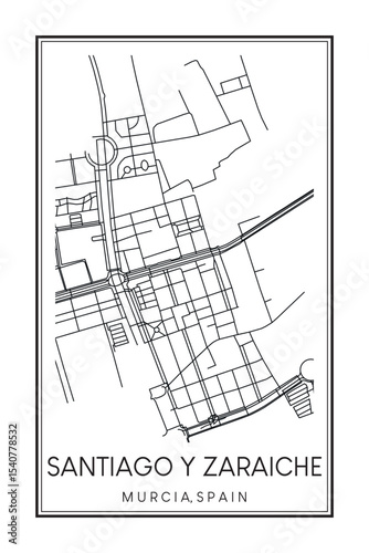 Hand drawn printable downtown road map poster of district SANTIAGO Y ZARAICHE of the Spanish city of MURCIA on solid white background with city name
