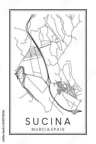 Hand drawn printable downtown road map poster of district SUCINA of the Spanish city of MURCIA on solid white background with city name