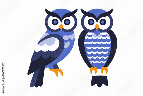 Two Cute Blue Owls on a Branch Vector Illustration- Adorable Cartoon Owls Design- Perfect for Kids Room Decor- Nature Inspired Clip Art- Owl Lovers Gift Idea