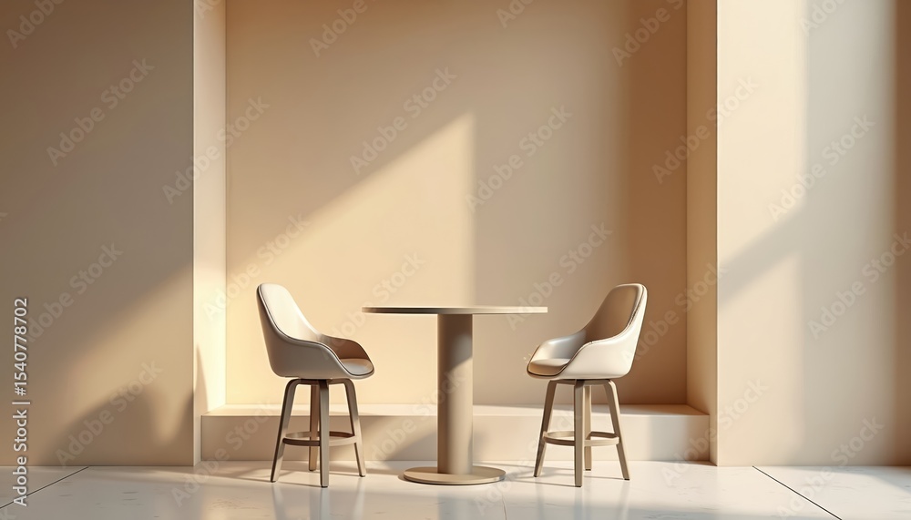 Fototapeta premium Minimalist bar table scene with two chairs. Soft lighting casts shadows, creating elegant atmosphere. Perfect for product showcase, interior design, virtual setting backgrounds. Empty space for