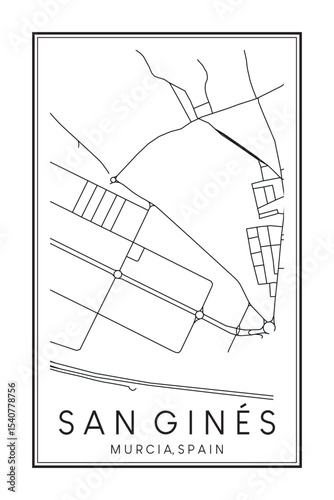 Hand drawn printable downtown road map poster of district SAN GINÉS of the Spanish city of MURCIA on solid white background with city name