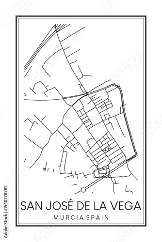 Hand drawn printable downtown road map poster of district SAN JOSÉ DE LA VEGA of the Spanish city of MURCIA on solid white background with city name