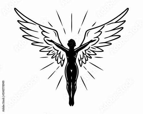 Elegant black vector of a graceful angel with magnificent wings in mid-flight, embodying freedom and ethereal beauty, showcasing artful design in a striking silhouette