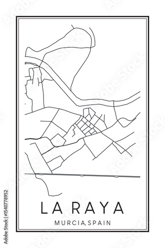 Hand drawn printable downtown road map poster of district LA RAYA of the Spanish city of MURCIA on solid white background with city name