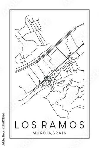 Hand drawn printable downtown road map poster of district LOS RAMOS of the Spanish city of MURCIA on solid white background with city name