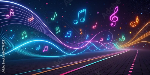Neon Music Notes on Glowing Road to the Stars, musical , abstract art