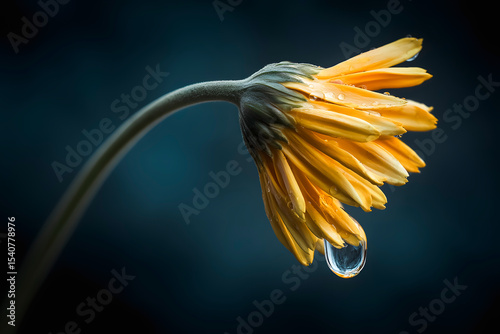 Yellow gerbera flower with water drops dripping on dark blue background.
