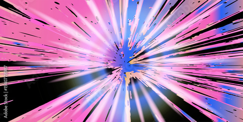 Bright digital vector illustration, featuring a neon pink central star with blue radial streaks on a black background. Uses popular vivid sci-fi and cyberpunk color trends, with sharp bursting lines.