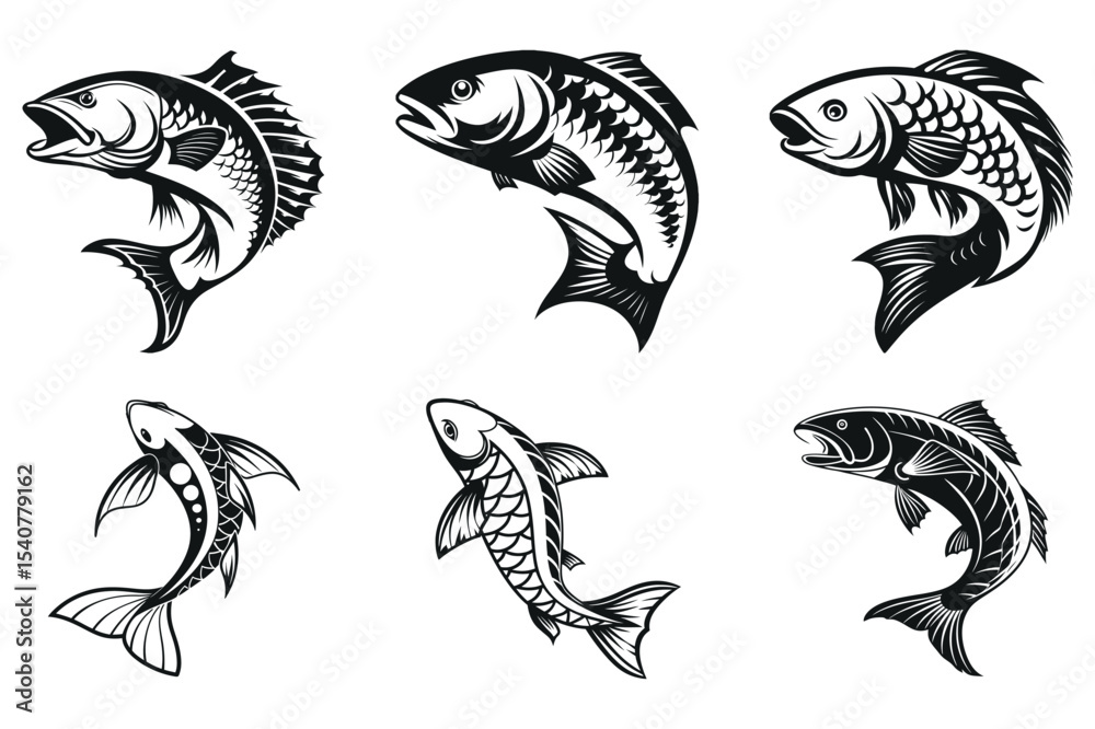 Fototapeta premium Set of Black and White Fish Silhouettes