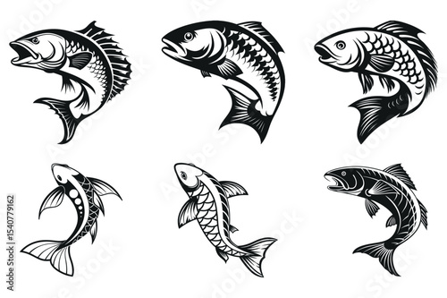 Set of Black and White Fish Silhouettes