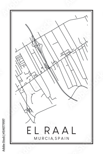 Hand drawn printable downtown road map poster of district EL RAAL of the Spanish city of MURCIA on solid white background with city name