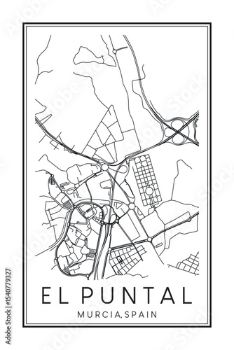 Hand drawn printable downtown road map poster of district EL PUNTAL of the Spanish city of MURCIA on solid white background with city name