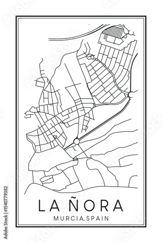 Hand drawn printable downtown road map poster of district LA ÑORA of the Spanish city of MURCIA on solid white background with city name