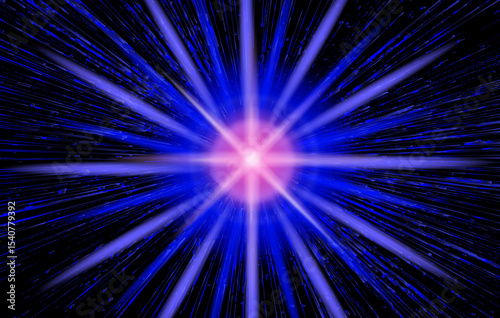 Bright digital vector illustration, featuring a neon pink central star with blue radial streaks on a black background. Uses popular vivid sci-fi and cyberpunk color trends, with sharp bursting lines.