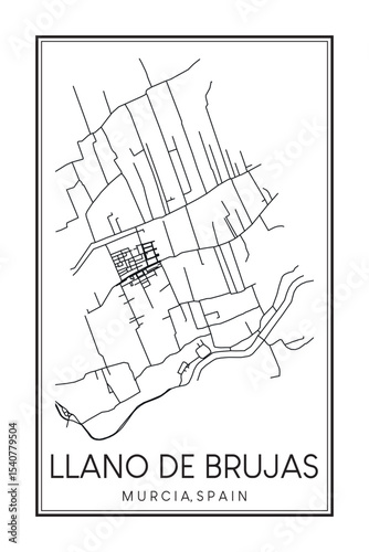Hand drawn printable downtown road map poster of district LLANO DE BRUJAS of the Spanish city of MURCIA on solid white background with city name