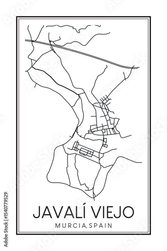 Hand drawn printable downtown road map poster of district JAVALÍ VIEJO of the Spanish city of MURCIA on solid white background with city name