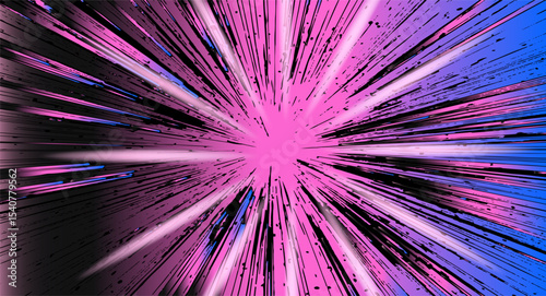 Vivid vector illustration in a contemporary neon design, featuring pink, black, and blue radial burst lines. Popular cyberpunk style with energetic shapes and high-contrast bright colors.