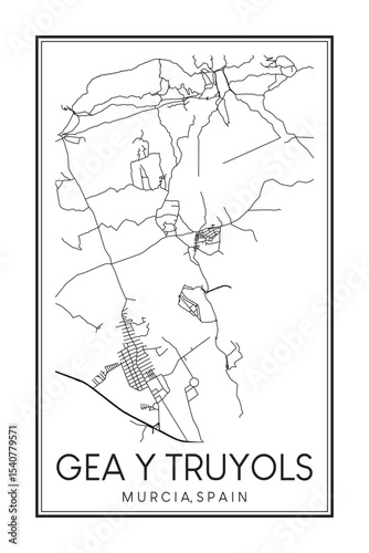 Hand drawn printable downtown road map poster of district GEA Y TRUYOLS of the Spanish city of MURCIA on solid white background with city name
