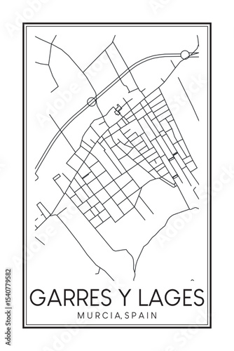 Hand drawn printable downtown road map poster of district GARRES Y LAGES of the Spanish city of MURCIA on solid white background with city name