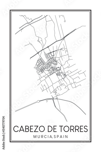 Hand drawn printable downtown road map poster of district CABEZO DE TORRES of the Spanish city of MURCIA on solid white background with city name