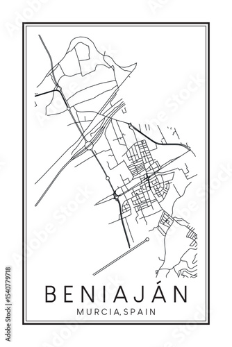 Hand drawn printable downtown road map poster of district BENIAJÁN of the Spanish city of MURCIA on solid white background with city name