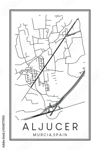 Hand drawn printable downtown road map poster of district ALJUCER of the Spanish city of MURCIA on solid white background with city name