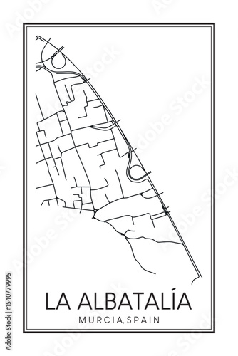 Hand drawn printable downtown road map poster of district LA ALBATALÍA of the Spanish city of MURCIA on solid white background with city name
