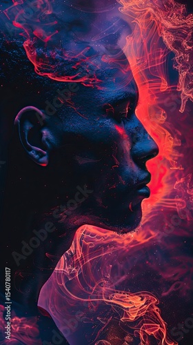 A profile of a man is visible. Red and purple flowing light surrounds the man and encompasses the background. The image evokes a dreamlike state, displaying acid wave coral rhythms