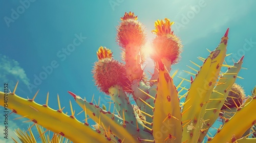 Cacti with flower buds reach up toward the sun on a clear day. The stylized acid wave art gives the cacti a striking, vibrant, and almost hallucinatory appearance