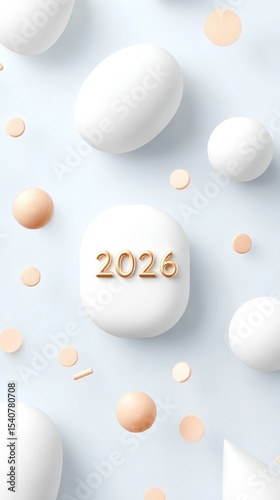 Abstract minimalist composition with 2026 in gold amidst white and copper spheres