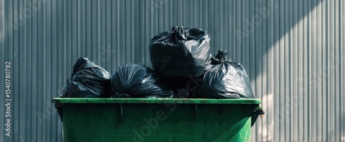 The green dumpster filled with black trash bags behind an urban backdrop.