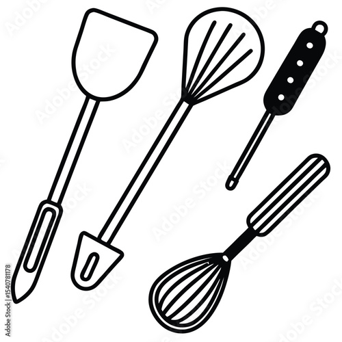 Four kitchen utensils line art isolated on white background