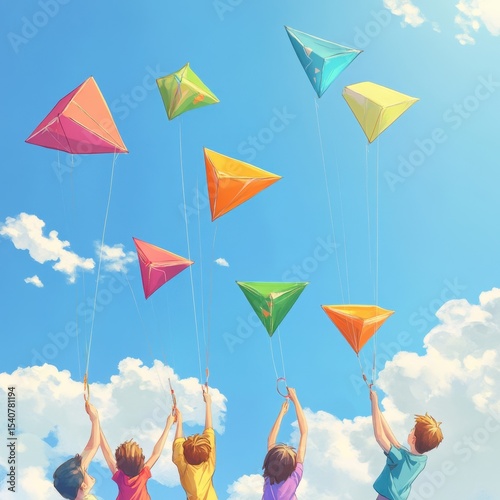 Kites Flying in a Blue Sky with Children