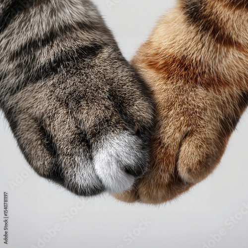 Two cat paws gently touching on neutral background close-up