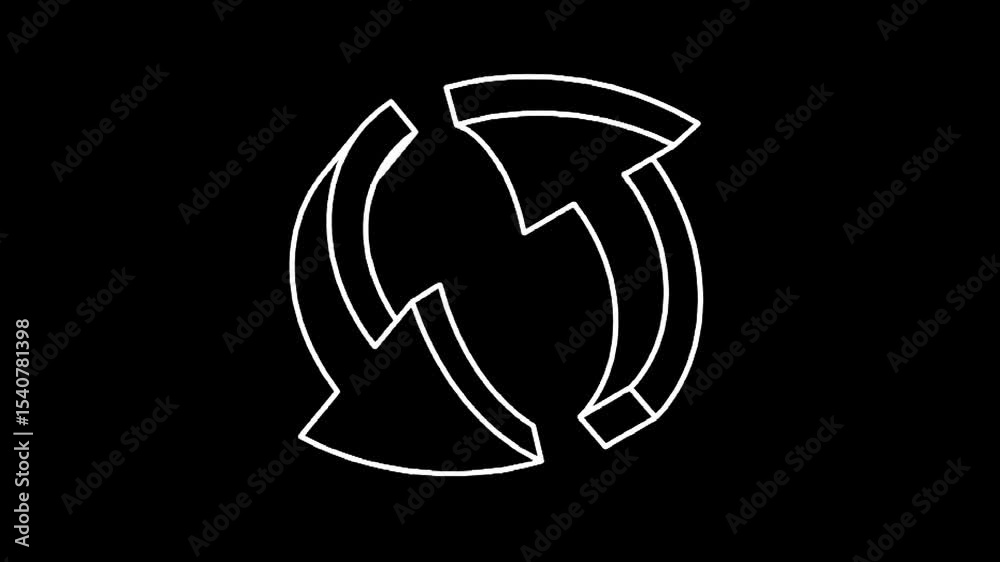 Abstract white outline of two circular arrows on a black background, representing reload, refresh, or circular processes. Ideal for technology and cycle concepts