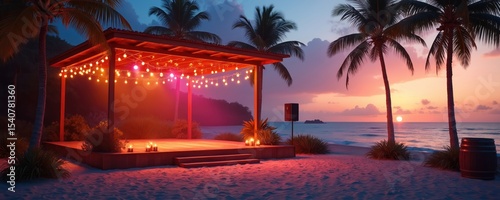 Sunset beach concert stage lit by string lights, stage lights, candles, warm evening atmosphere. Tropical view with palm trees, ocean, soft sand. Event or party location.