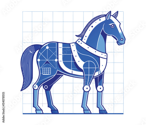 "Majestic Blueprint-Style Horse Illustration – Elegant Equine Design in Detailed Technical Artwork for Creative Projects and Wall Decor"