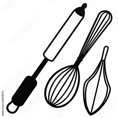 Baking utensils set rolling pin whisk isolated on white background