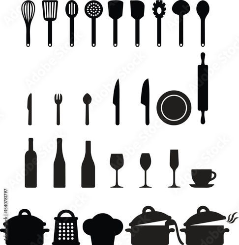 Kitchen and home appliance vector icons cooking set in bold silhouette style. Only black silhouette changeable, editable
