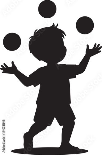 Black and white silhouette vector of a child juggling three balls