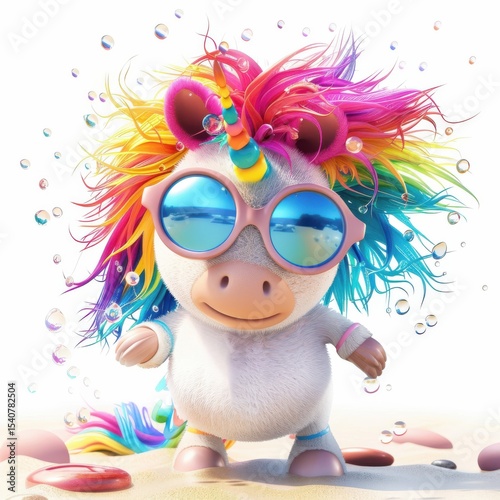 Unicorn with bright multicolored hair rests on beach; image designed for vacation, resort, or tourism content