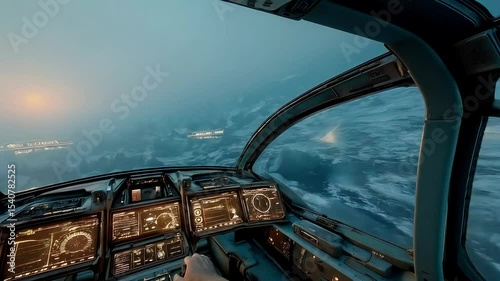 Inside a futuristic spaceship cockpit, the hands of the pilot grip the controls