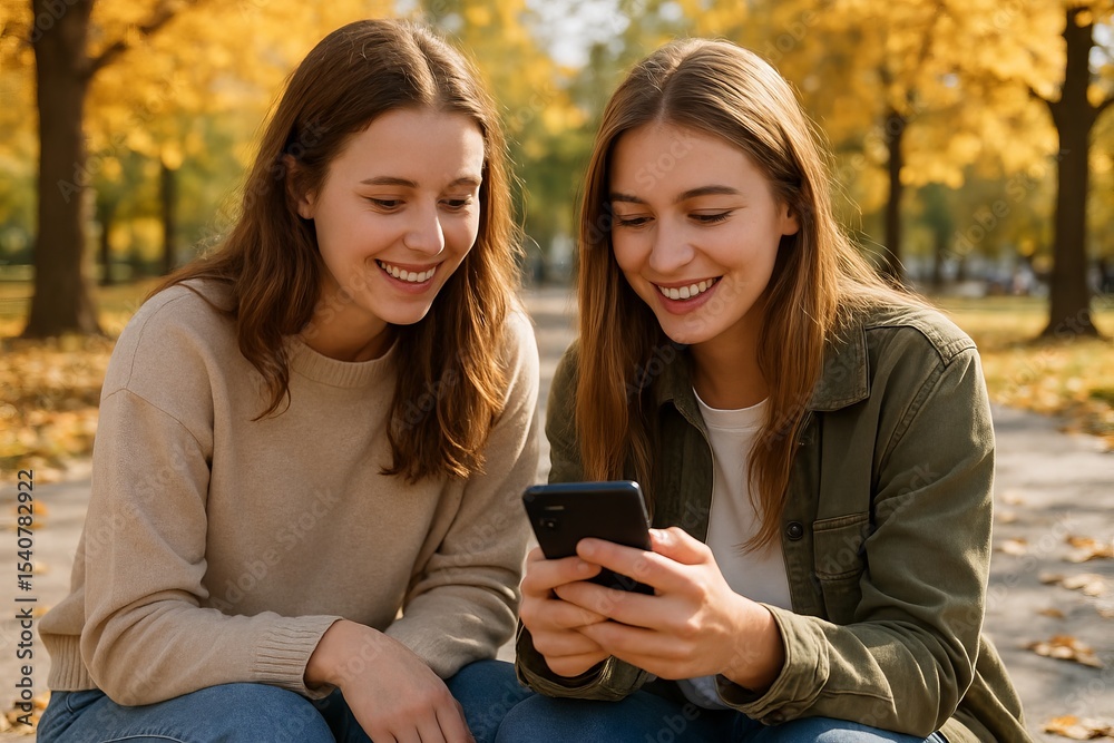 Fototapeta premium Two young women looking at smartphone and smiling while sitting together in sunny autumn park. Concept of friendship, digital communication, outdoor leisure, modern lifestyle