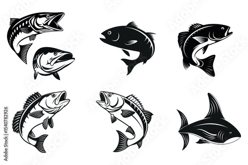 Set of Black and White Fish Silhouettes