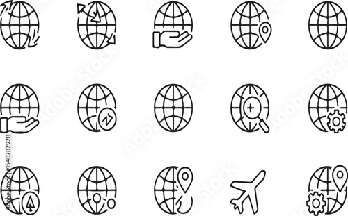Global network icons set world map location travel and more