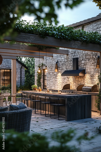 A stylish and modern outdoor summer kitchen in a stone house courtyard, matching the main house architecture, with wooden beams, a built-in barbecue